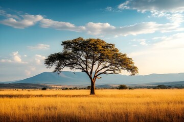 The beauty of the savannah, depicting a large tree standing majestically in a vast field, with a backdrop of towering mountains, depicting the harmony of nature