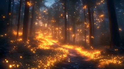 Magical Forest Path Glowing Lights, Dusk, Fantasy, Game Background
