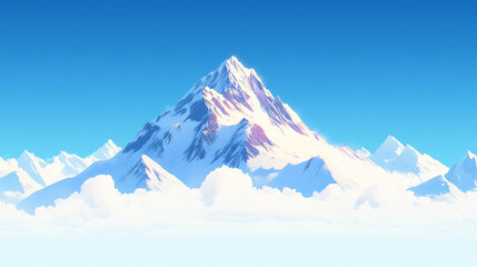 Majestic snow-capped mountain peak piercing a vibrant blue sky, a breathtaking view from above the clouds.
