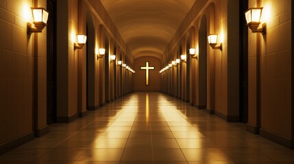 Dimly Lit Interior Corridor with Illuminated Lanterns and Cross