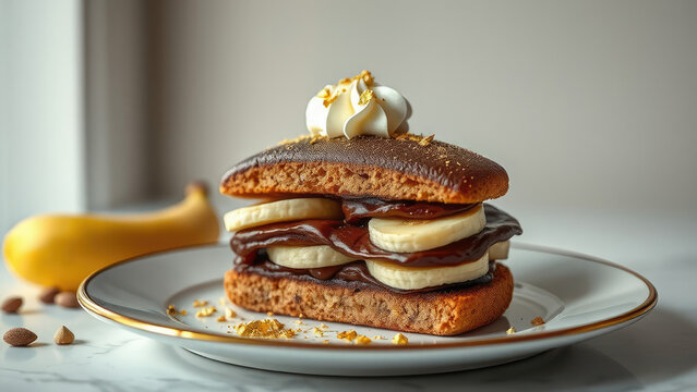 Delectable chocolate banana dessert sandwich ready to be served, culinary delights, sugary, tempting, scrumptious