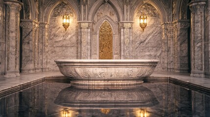 Obraz premium Ornate Carved Baptismal Font in Luxurious Marble Interior