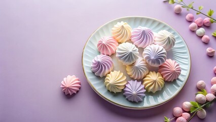 Pastel-colored meringue cookies arranged on a plate with small pastel-colored candies scattered around