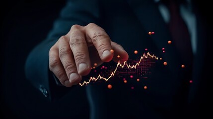Business professional analyzing financial trends with a digital graph overlay in a dark setting