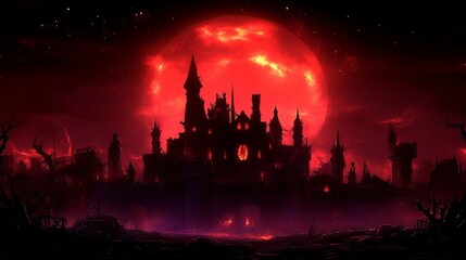 Fototapeta premium Apocalyptic Cityscape Crimson Moon Gothic Horror Fantasy Art