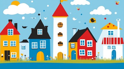 Fototapeta premium Charming Coastal Village Homescape Illustration: Whimsical Scandinavian Style Architecture