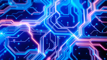 high-tech abstract background featuring an intricate, glowing neon circuit board pattern with fine