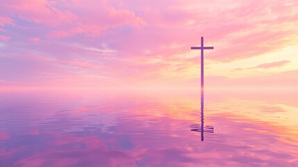 Obraz premium Tall Cross Reflection on Calm Water at Dusk with Colorful Sky