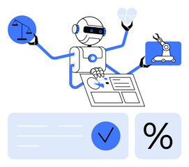 AI robot with multiple arms holding scales, heart, robotic arm, and documents with check mark and percentage symbol. Ideal for automation, AI applications, healthcare technology, legal tech, industry