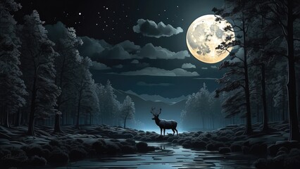Tranquil Wilderness: Deer Among Golden Trees and Moonlit Mountains