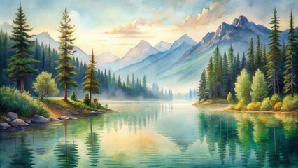 Serene Mountain Lake at Dawn A Watercolor Painting of Majestic Peaks Mirrored in Still Water, Surrounded by Verdant Forests