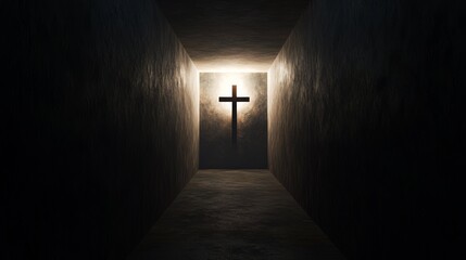 Dimly Lit Crypt Hallway with a Single Cross Illuminating Space