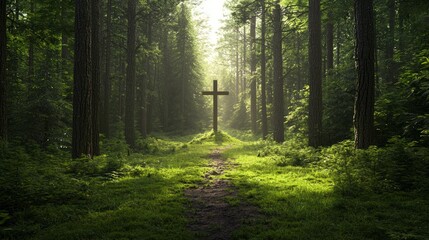 Obraz premium Serene Footpath Meandering Through Vibrant Green Forest Landscape