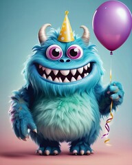 Fototapeta premium Little smiling blue monster with birthday balloon, digital art, 3D animation, celebration, design, illustration.