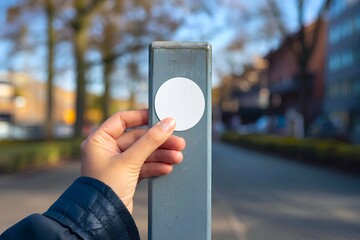 A person is attaching a blank white circular sticker mockup on a pillar post