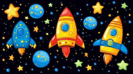 Naklejka premium Whimsical Rocketship Adventure in a Starry Galaxy Cosmic Exploration for Kids Bright Colorful Spacecraft
