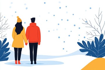 Dating couple standing in snow looking at trees in a winter landscape