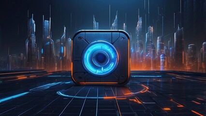 A digital futuristic representation of cybersecurity showcasing a black padlock at the center