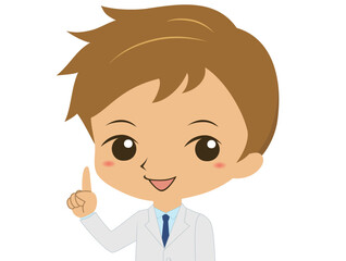 指差しをする白衣を着た男性、医者の