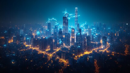 Night Cityscape Illuminated With Digital Network Connections