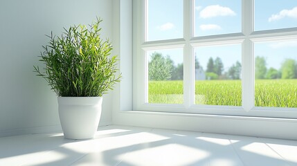 Fototapeta premium Sunlit room with potted plant by window.