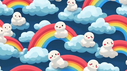 Colorful Clouds and Rainbows with Cute Characters in Playful Pattern
