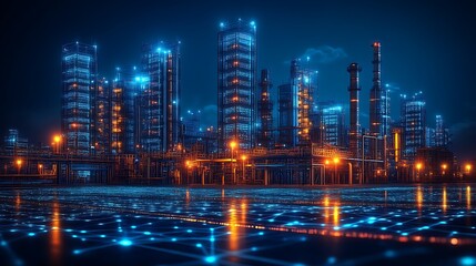 Fototapeta premium Futuristic Industrial Cityscape Illuminated At Night