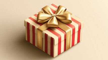 Obraz premium 86.A beautifully detailed vector of a gift box with a shiny golden bow, striped wrapping paper in red and white, and a subtle shadow for a 3D effect.