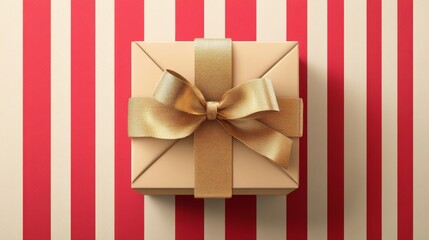 86.A beautifully detailed vector of a gift box with a shiny golden bow, striped wrapping paper in red and white, and a subtle shadow for a 3D effect.