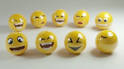 Fototapeta premium 40.Pack of 3D emoticons with detailed expressions, featuring bright yellow faces in different moods, including joy, excitement, and playful winking, arranged symmetrically on a white background.