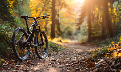 Fototapeta premium Mountain Bike Parked by a Trail, Isolated with a Scenic View for Adventure and Exploration Enthusiasts