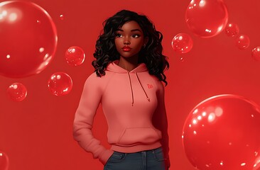 A girl in a pink hoodie stands confidently, surrounded by floating red spheres
