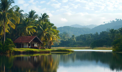 Obraz premium Serene Bungalow Near a Lagoon Surrounded by Peaceful Nature, Ideal for Relaxation and Tranquil Getaways