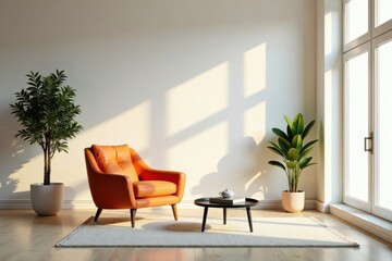 Fototapeta premium Sunlit Interior Design Featuring an Orange Leather Armchair and Lush Potted Plants on a Light Rug