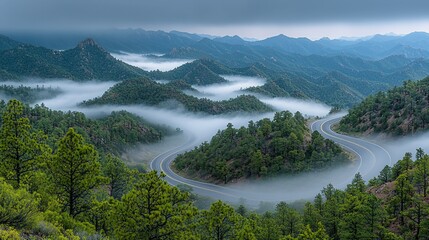 Fototapeta premium Mountain Road Winding Through Misty Valley