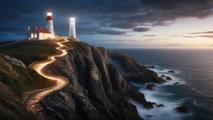 "Illuminated Road with Light Trails and Milky Way Stars at Night, Near the Far de Formentor Lighthouse on Mallorca, Spain"
