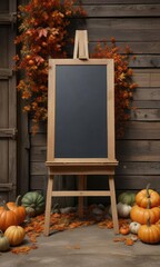 Distressed wooden easel with black canvas in front of a rustic barn adorned with autumn leaves, pumpkins, and gourds, fall harvest, orange