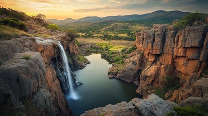 Sunset waterfall cascading into tranquil pool, rocky landscape