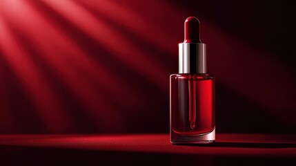 Elegant Red Serum Bottle with Dropper on Dark Background