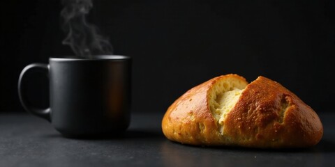 Warm beverage steaming in a dark mug beside a freshly baked loaf of bread