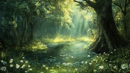 Obraz premium Sunlit forest stream with daisies.