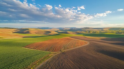Obraz premium Aerial view of rolling farmland, colorful fields, scenic landscape, tranquil countryside, morning light, potential use for agricultural stock photography