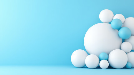 large central sphere surrounded by smaller spheres on blue background