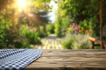 Empty table with tablecloth on nature background
