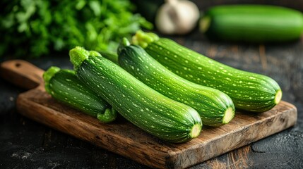 Fresh zucchini on wooden board, dark background, cooking