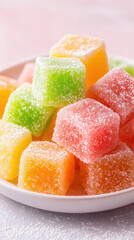 Colorful Turkish delight cubes dusted with powdered sugar on plate