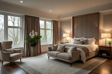 Stylish interior of bedroom with comfortable armchair, sofa and bed. Front view.