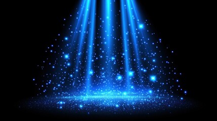 Abstract blue light beams spotlighting sparkles. Use Background graphic for product presentations
