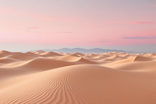 Vast desert with golden sand dunes under a pastel pink sky, distant mountains in the background. A peaceful nature concept evoking calm and solitude. Ai generative - Powered by Adobe