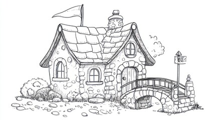 Obraz premium Charming stone cottage, bridge, flag, illustration, children's book